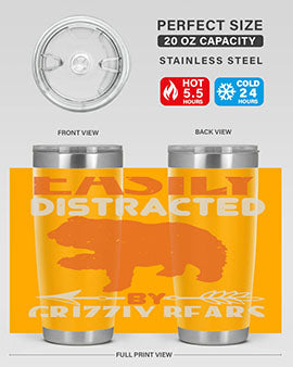 Easily Distracted by Grizzly Bears tumbler, featuring a double wall vacuum stainless steel design with a fun bear-themed print.