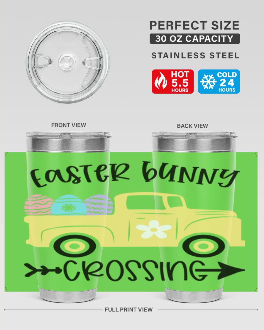 Easter Bunny Crossing 20oz Tumbler featuring double wall vacuum stainless steel design with vibrant Easter-themed print.