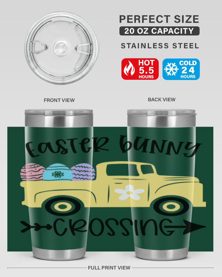 Easter Bunny Crossing 20oz Tumbler featuring double wall vacuum stainless steel design with vibrant Easter-themed print.