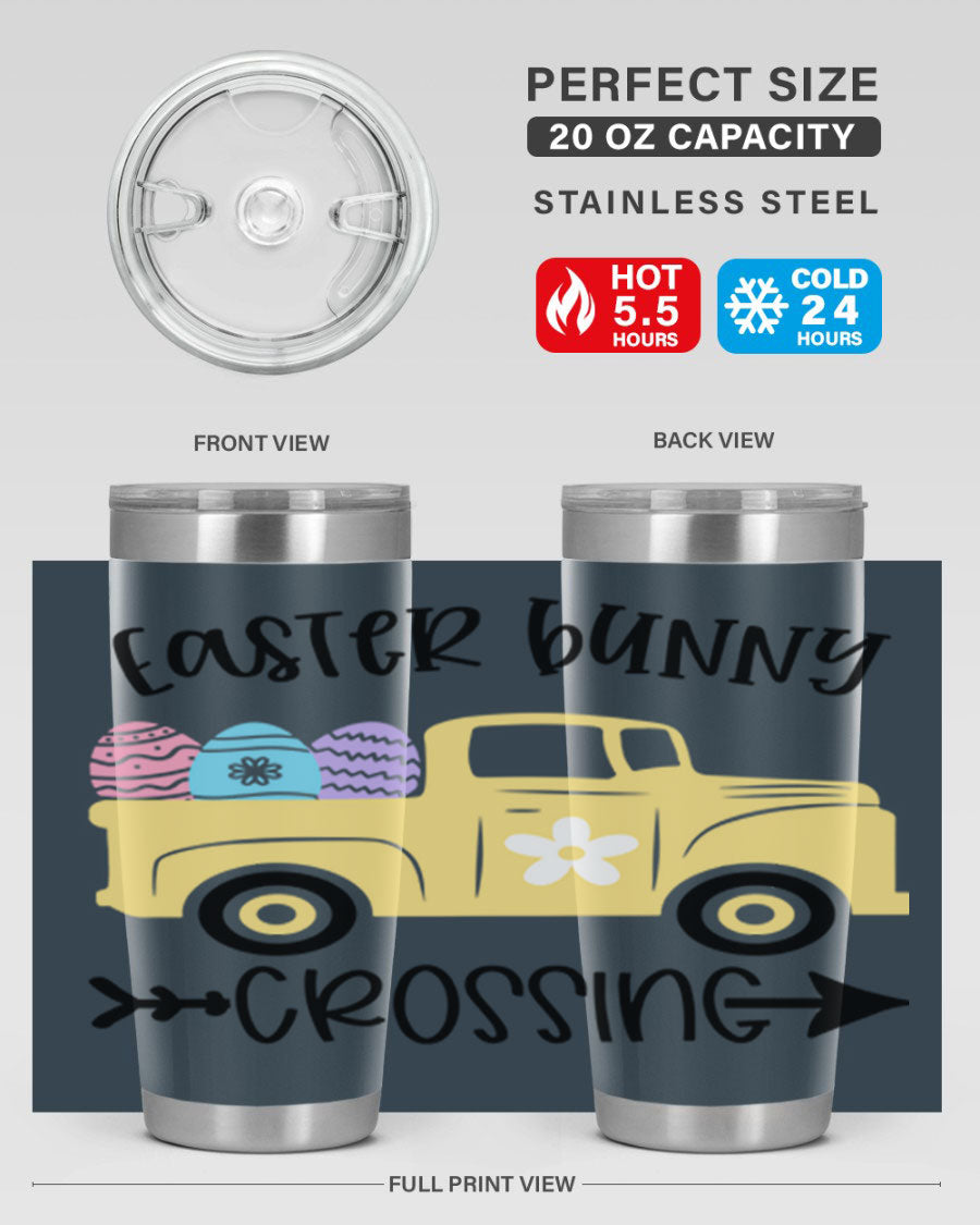 Easter Bunny Crossing 20oz Tumbler featuring double wall vacuum stainless steel design with vibrant Easter-themed print.