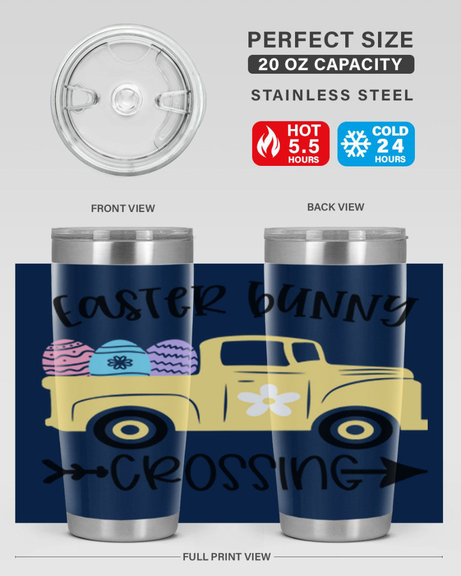 Easter Bunny Crossing 20oz Tumbler featuring double wall vacuum stainless steel design with vibrant Easter-themed print.