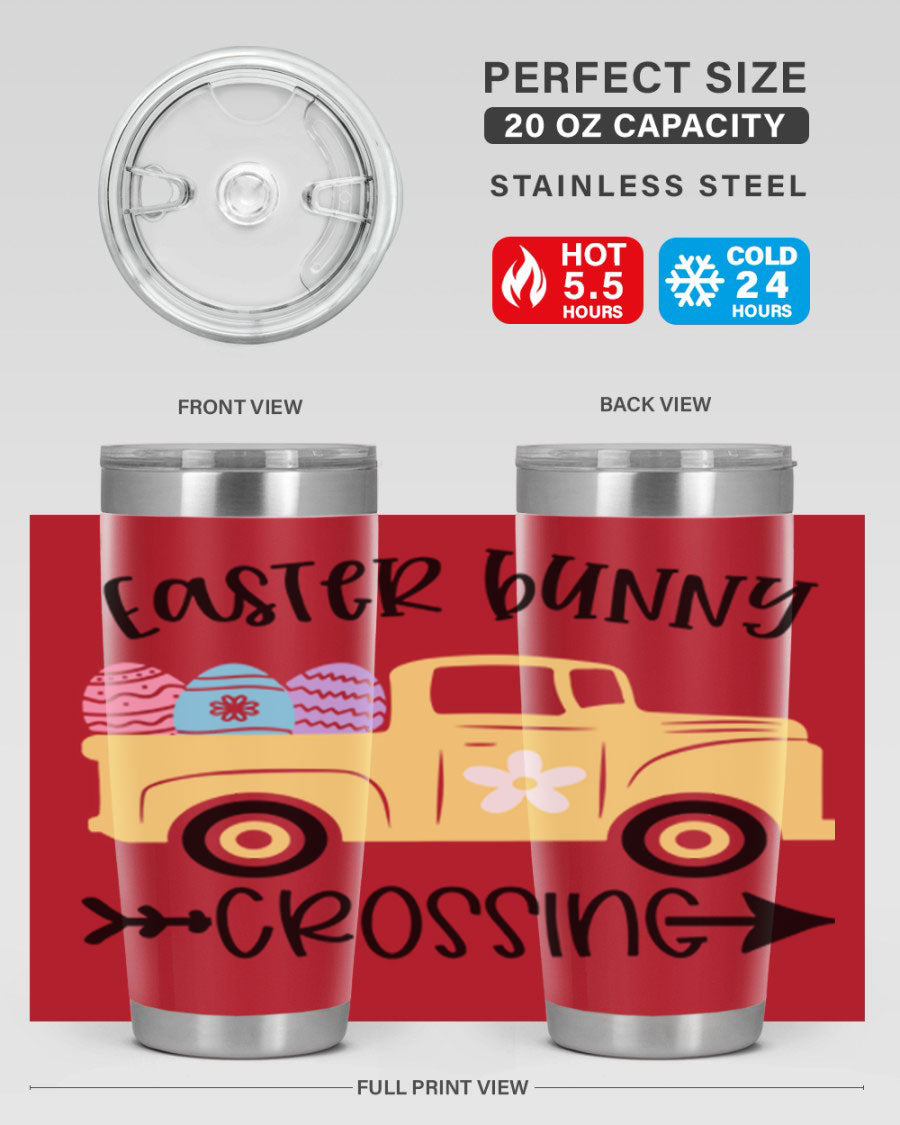 Easter Bunny Crossing 20oz Tumbler featuring double wall vacuum stainless steel design with vibrant Easter-themed print.