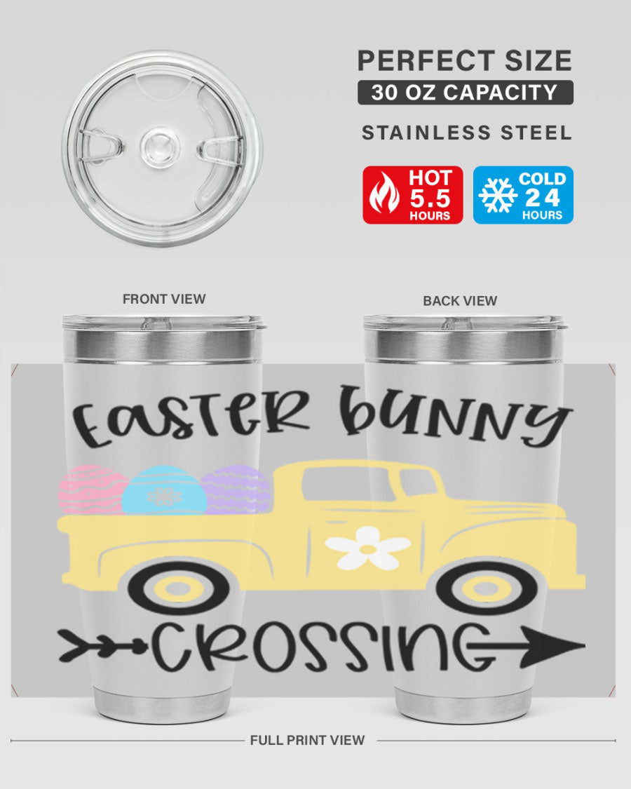Easter Bunny Crossing 20oz Tumbler featuring double wall vacuum stainless steel design with vibrant Easter-themed print.