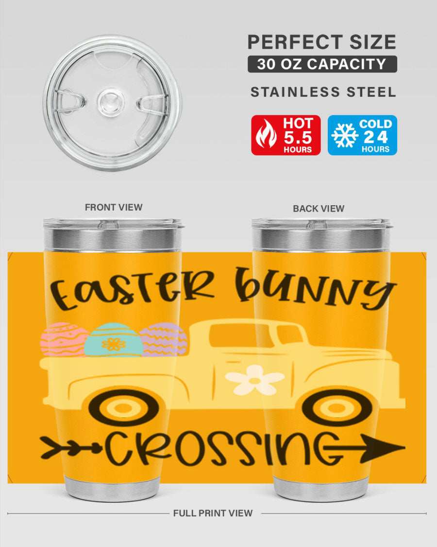 Easter Bunny Crossing 20oz Tumbler featuring double wall vacuum stainless steel design with vibrant Easter-themed print.