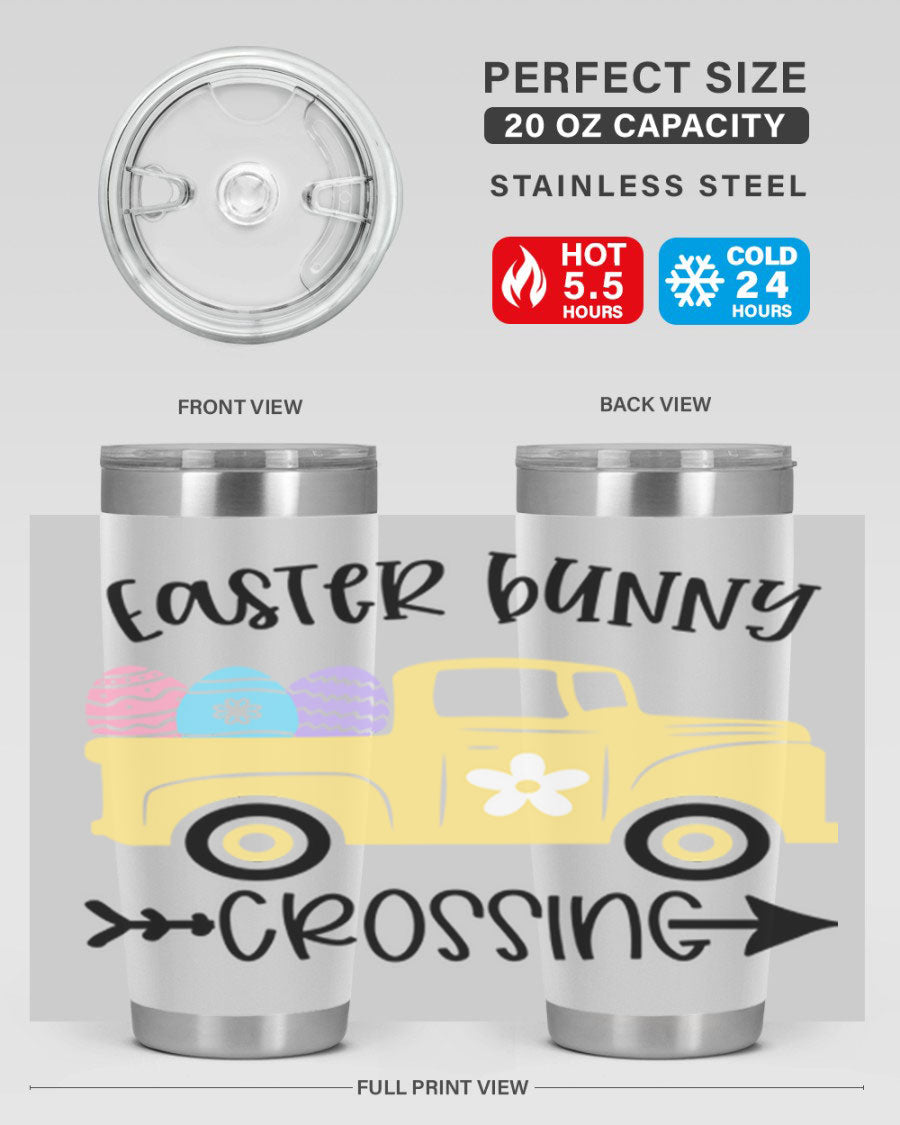 Easter Bunny Crossing 20oz Tumbler featuring double wall vacuum stainless steel design with vibrant Easter-themed print.