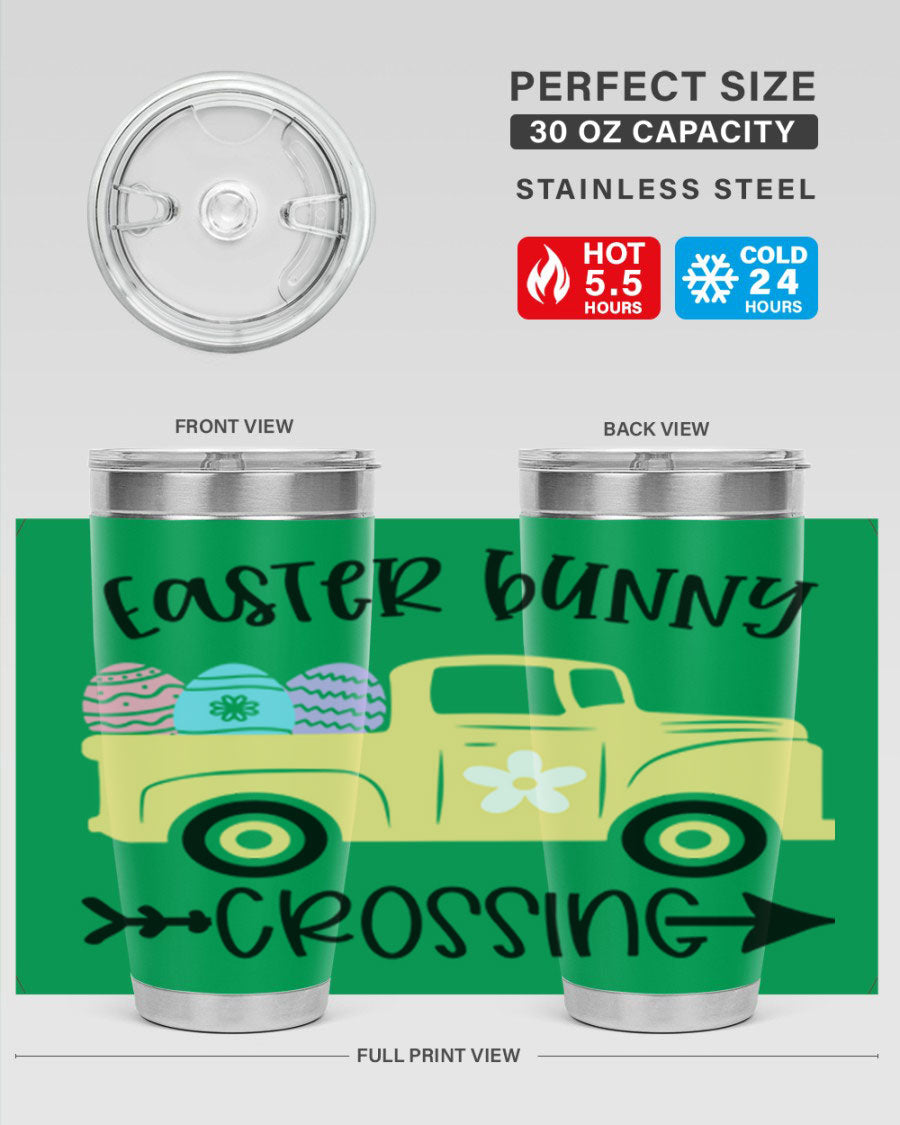 Easter Bunny Crossing 20oz Tumbler featuring double wall vacuum stainless steel design with vibrant Easter-themed print.