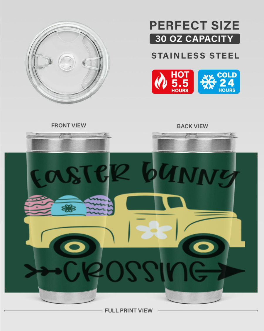 Easter Bunny Crossing 20oz Tumbler featuring double wall vacuum stainless steel design with vibrant Easter-themed print.