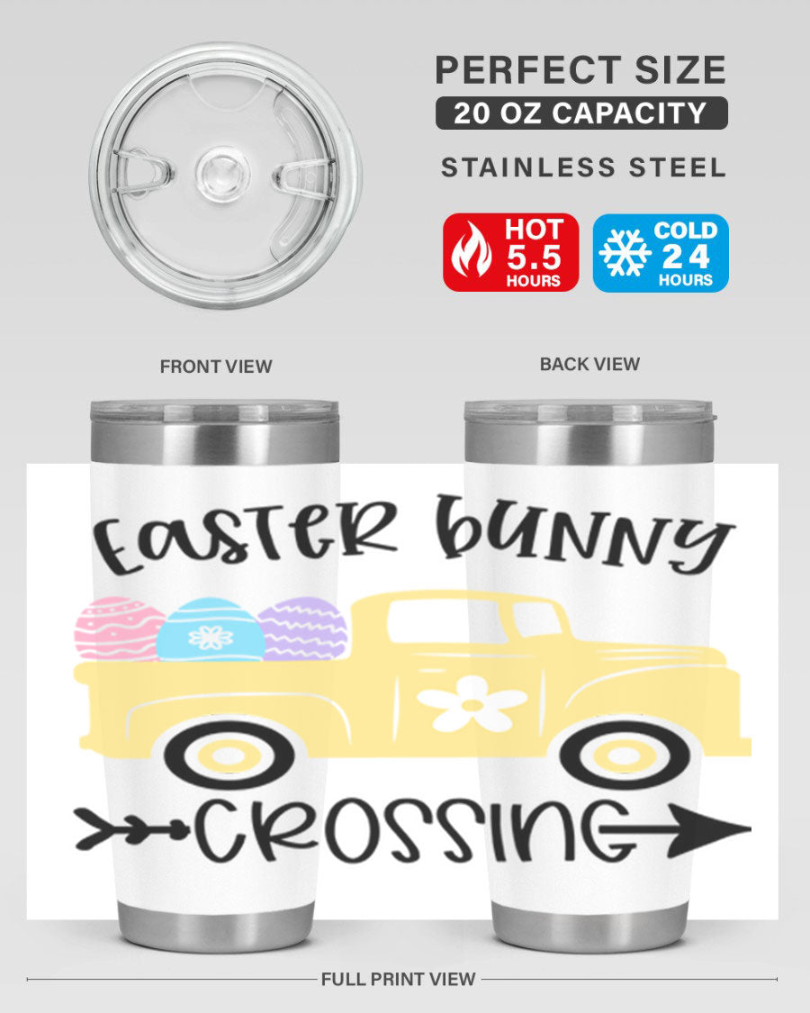 Easter Bunny Crossing 20oz Tumbler featuring double wall vacuum stainless steel design with vibrant Easter-themed print.