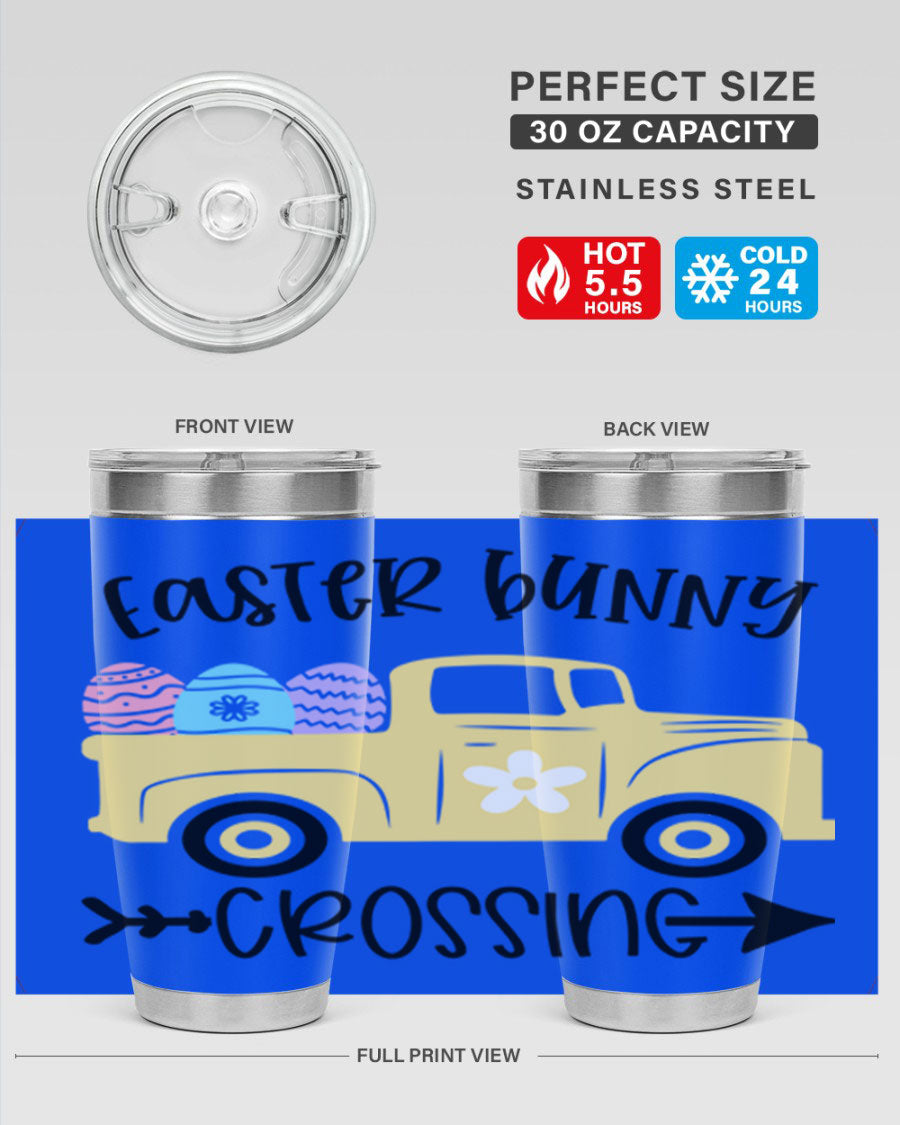 Easter Bunny Crossing 20oz Tumbler featuring double wall vacuum stainless steel design with vibrant Easter-themed print.