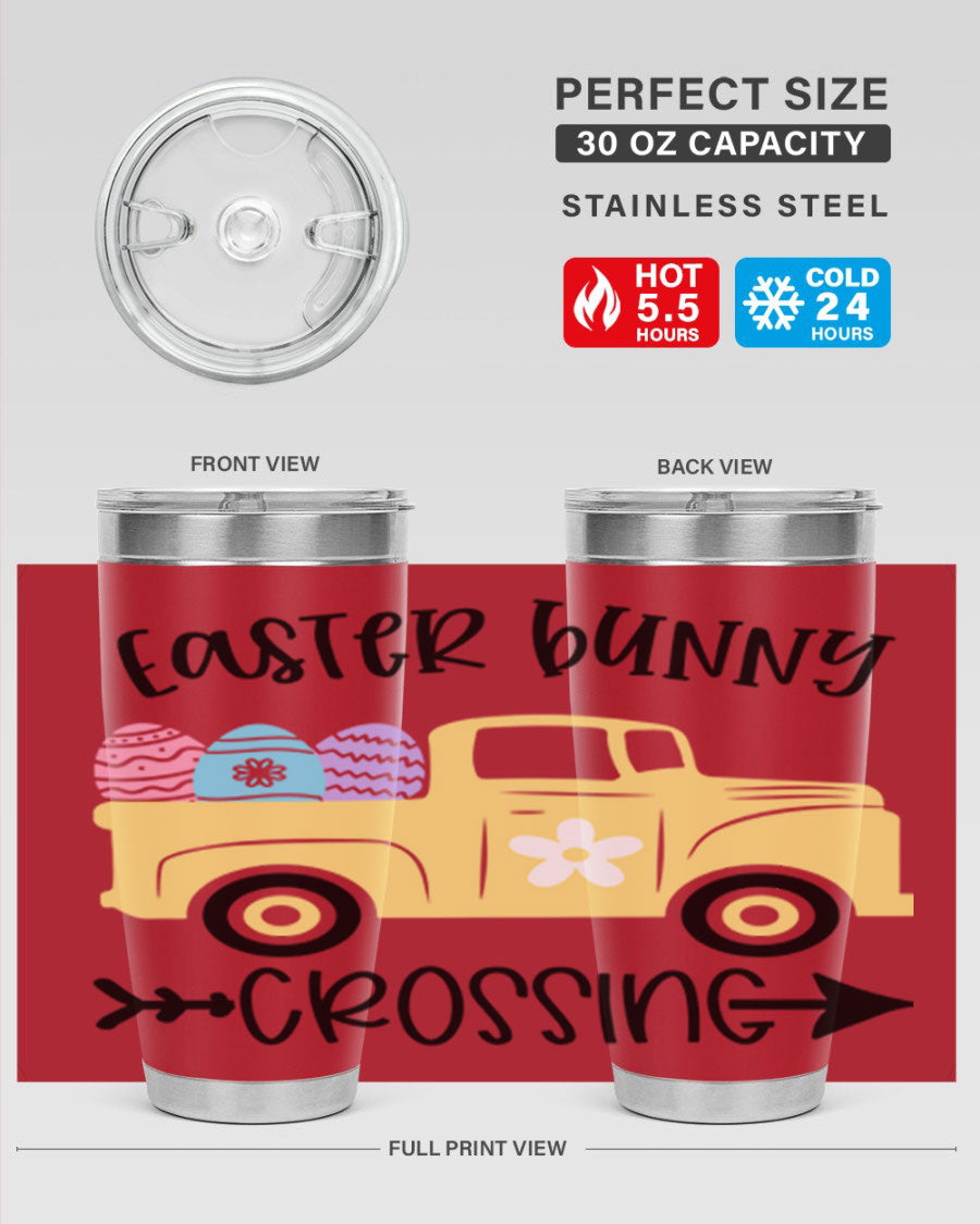 Easter Bunny Crossing 20oz Tumbler featuring double wall vacuum stainless steel design with vibrant Easter-themed print.
