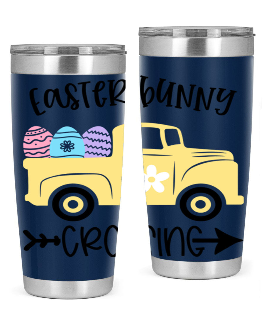 Easter Bunny Crossing 20oz Tumbler featuring double wall vacuum stainless steel design with vibrant Easter-themed print.
