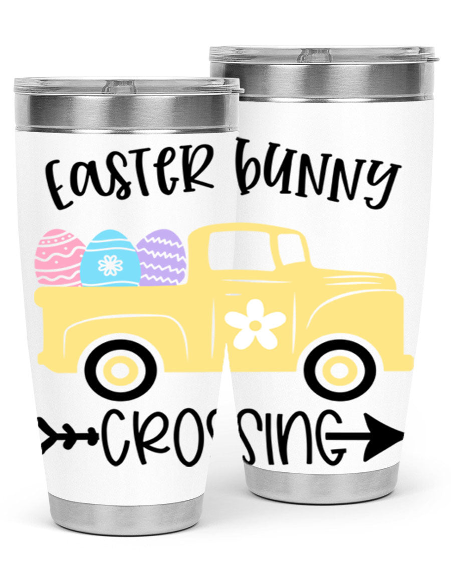 Easter Bunny Crossing 20oz Tumbler featuring double wall vacuum stainless steel design with vibrant Easter-themed print.