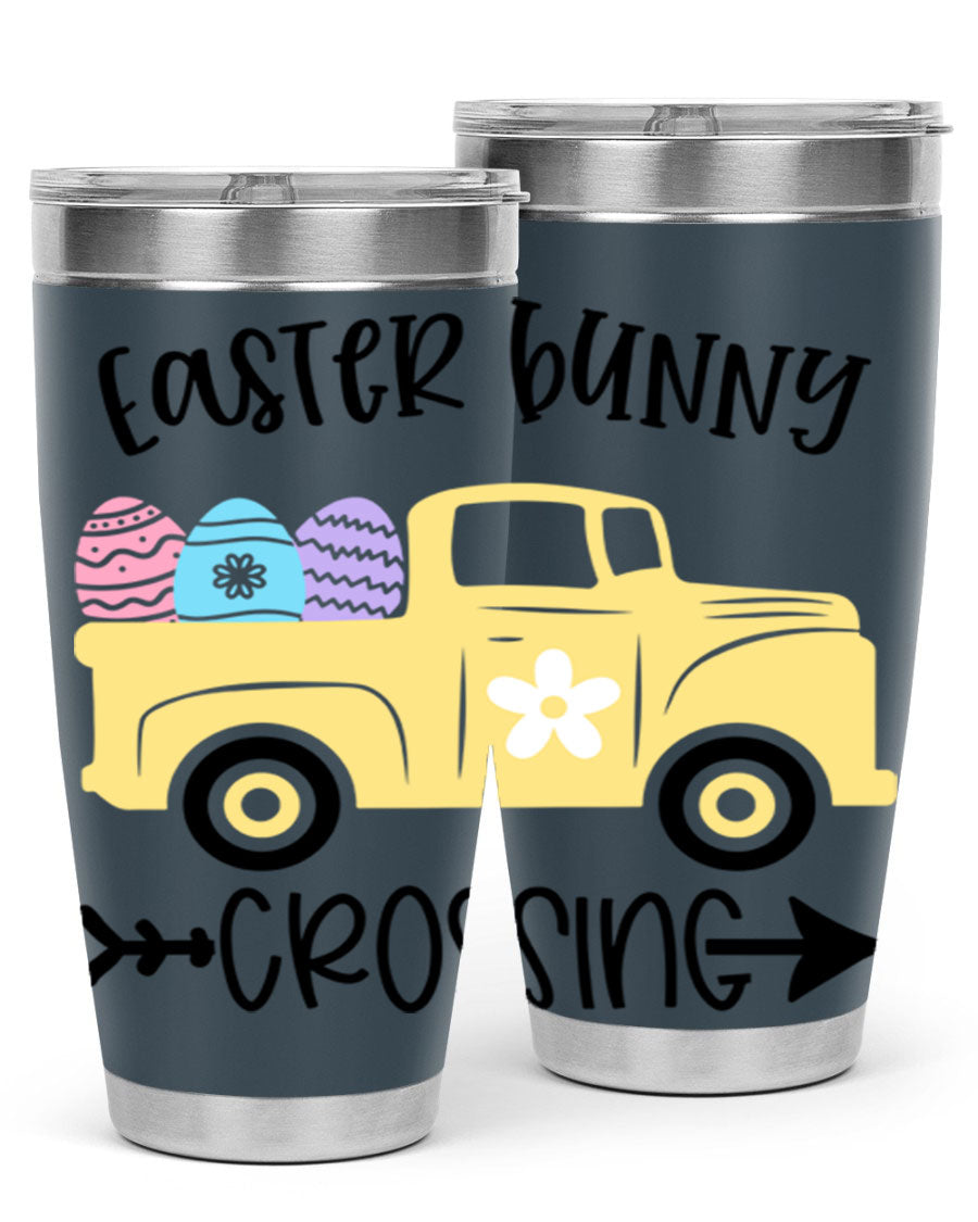 Easter Bunny Crossing 20oz Tumbler featuring double wall vacuum stainless steel design with vibrant Easter-themed print.