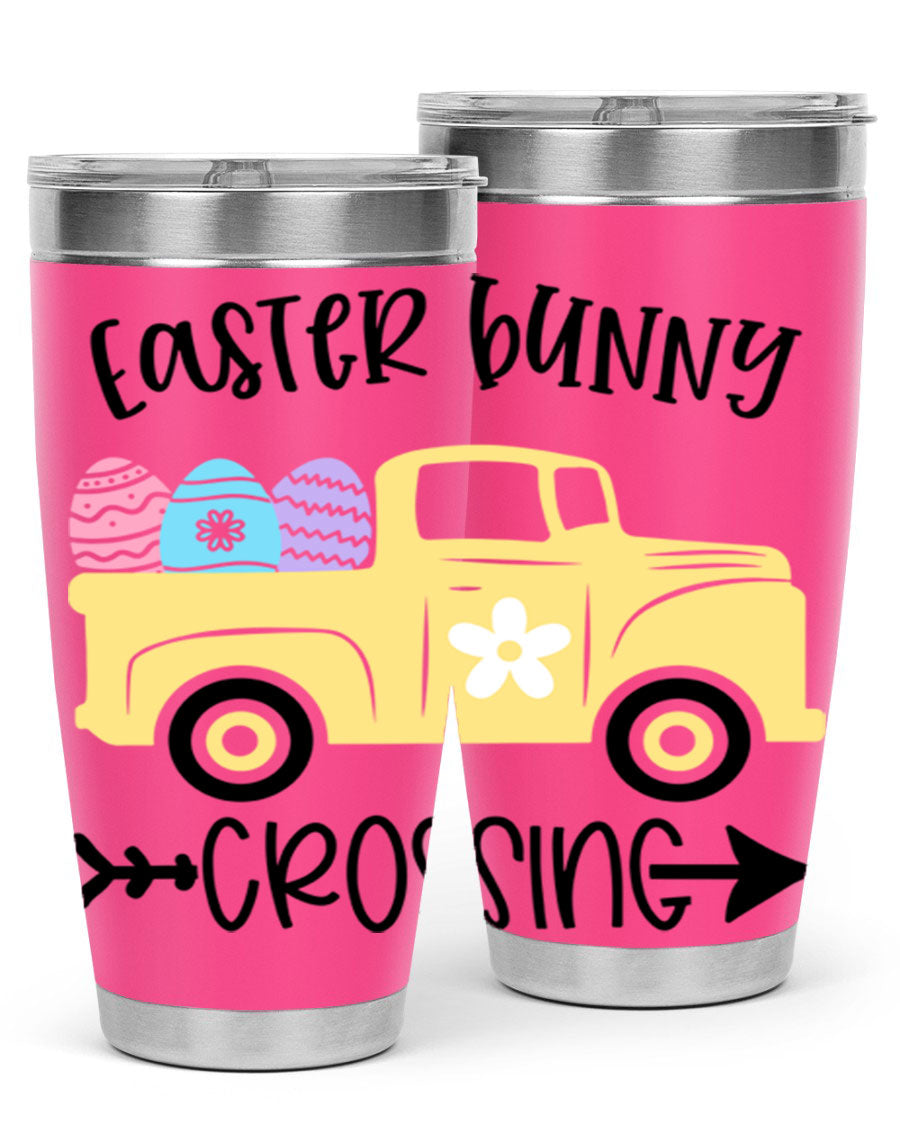Easter Bunny Crossing 20oz Tumbler featuring double wall vacuum stainless steel design with vibrant Easter-themed print.