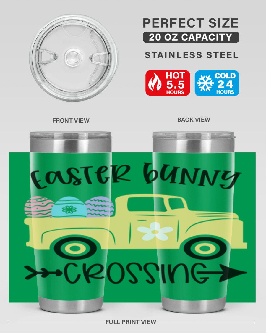 Easter Bunny Crossing 20oz Tumbler featuring double wall vacuum stainless steel design with vibrant Easter-themed print.