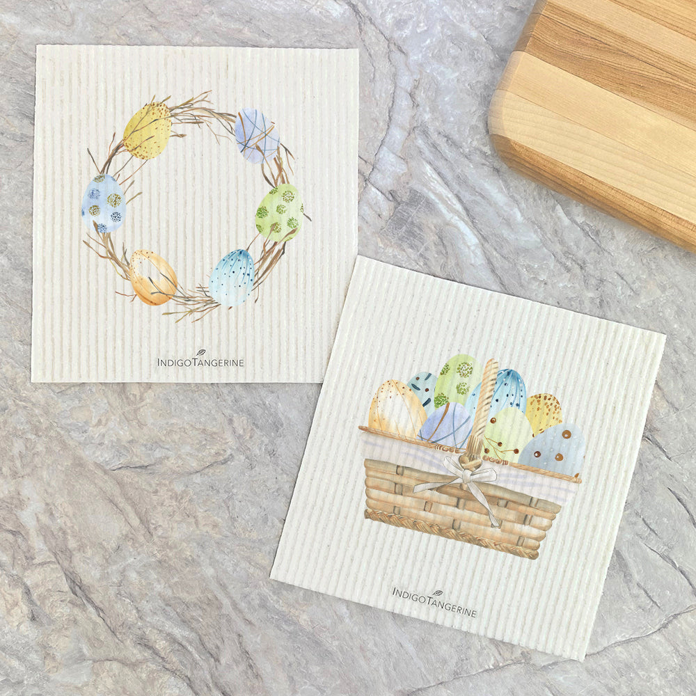 Two Swedish dish cloths featuring Easter designs, eco-friendly and reusable.