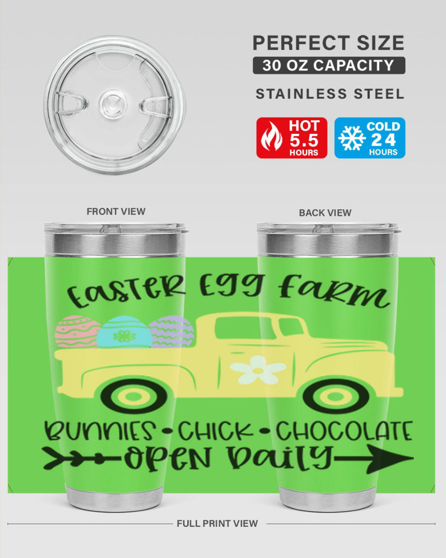 Easter Egg Farm 20oz Tumbler made of stainless steel with a vibrant design, featuring a drink-thru lid and double wall vacuum insulation.