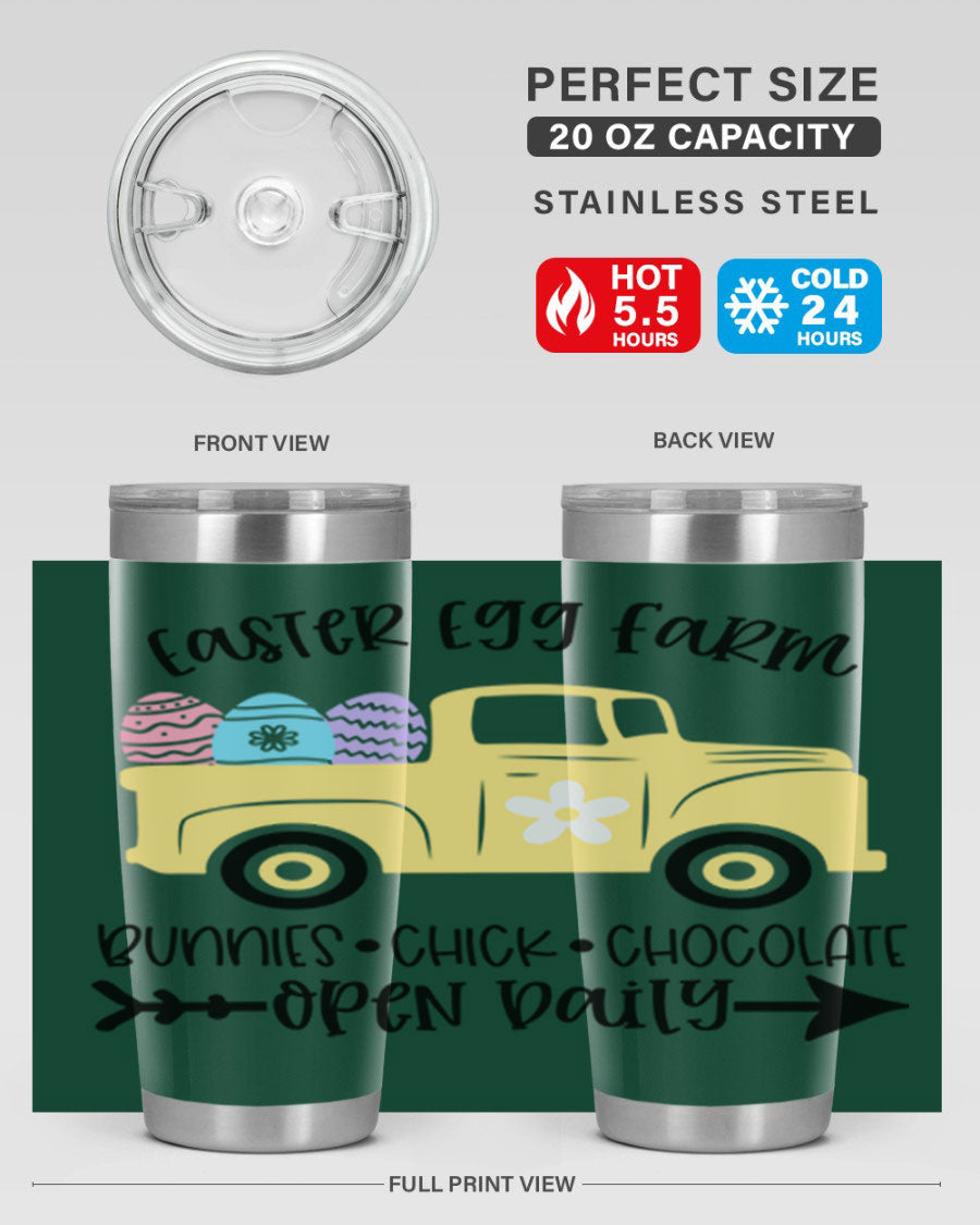 Easter Egg Farm 20oz Tumbler made of stainless steel with a vibrant design, featuring a drink-thru lid and double wall vacuum insulation.