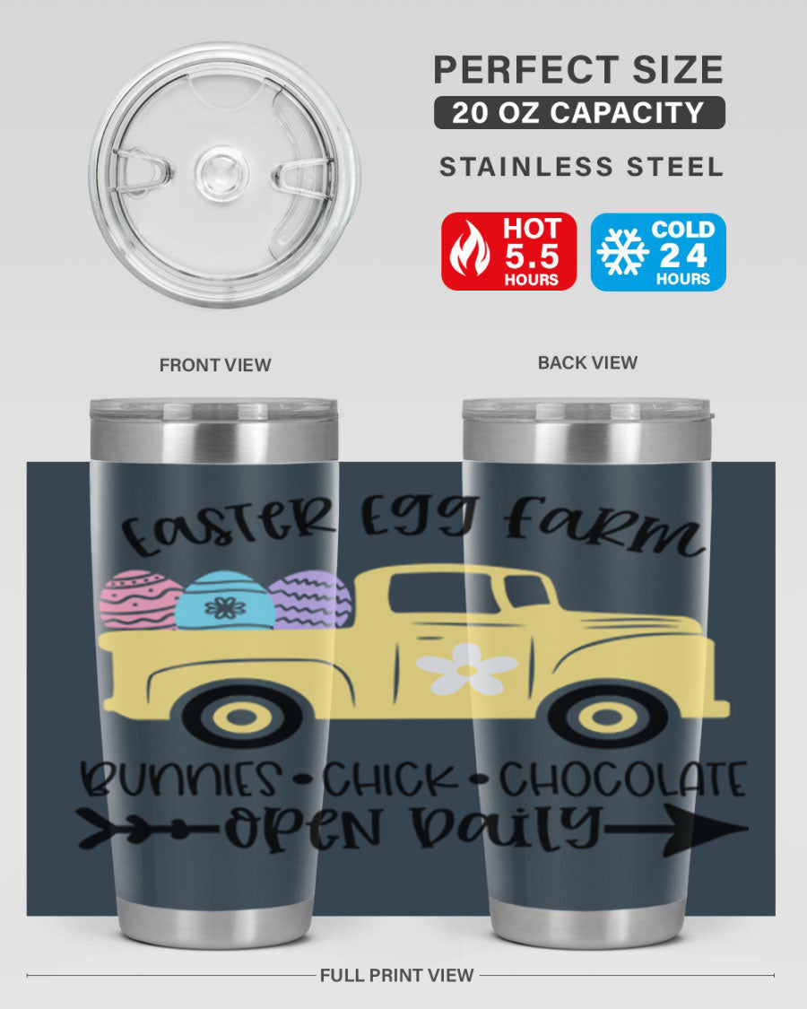 Easter Egg Farm 20oz Tumbler made of stainless steel with a vibrant design, featuring a drink-thru lid and double wall vacuum insulation.