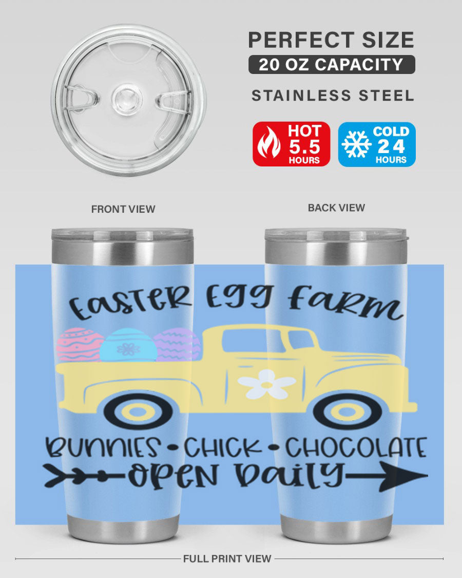 Easter Egg Farm 20oz Tumbler made of stainless steel with a vibrant design, featuring a drink-thru lid and double wall vacuum insulation.