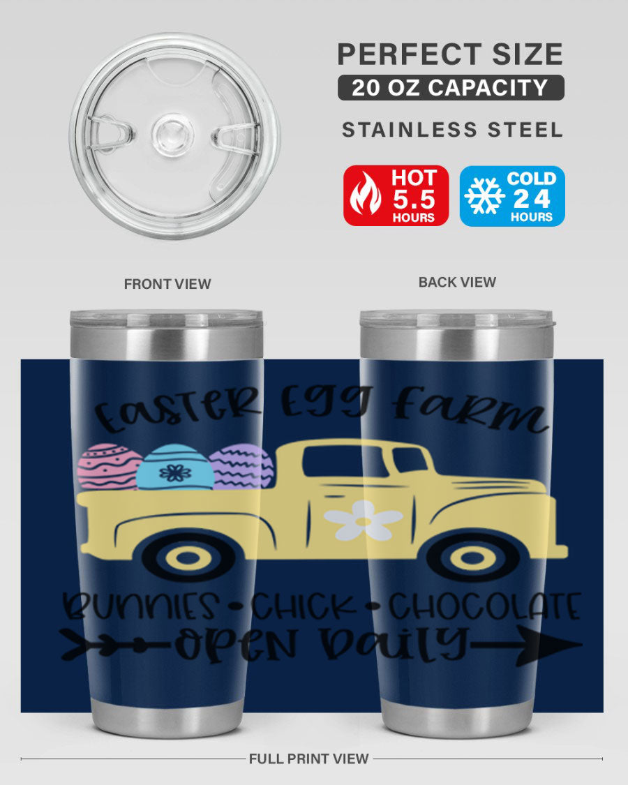Easter Egg Farm 20oz Tumbler made of stainless steel with a vibrant design, featuring a drink-thru lid and double wall vacuum insulation.