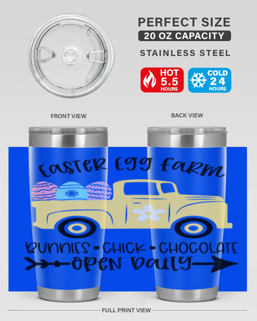 Easter Egg Farm 20oz Tumbler made of stainless steel with a vibrant design, featuring a drink-thru lid and double wall vacuum insulation.