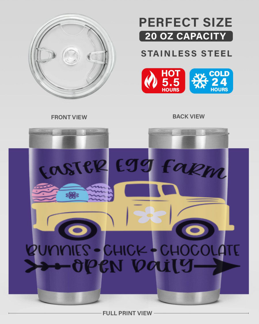 Easter Egg Farm 20oz Tumbler made of stainless steel with a vibrant design, featuring a drink-thru lid and double wall vacuum insulation.