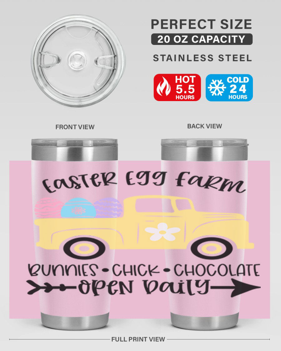 Easter Egg Farm 20oz Tumbler made of stainless steel with a vibrant design, featuring a drink-thru lid and double wall vacuum insulation.