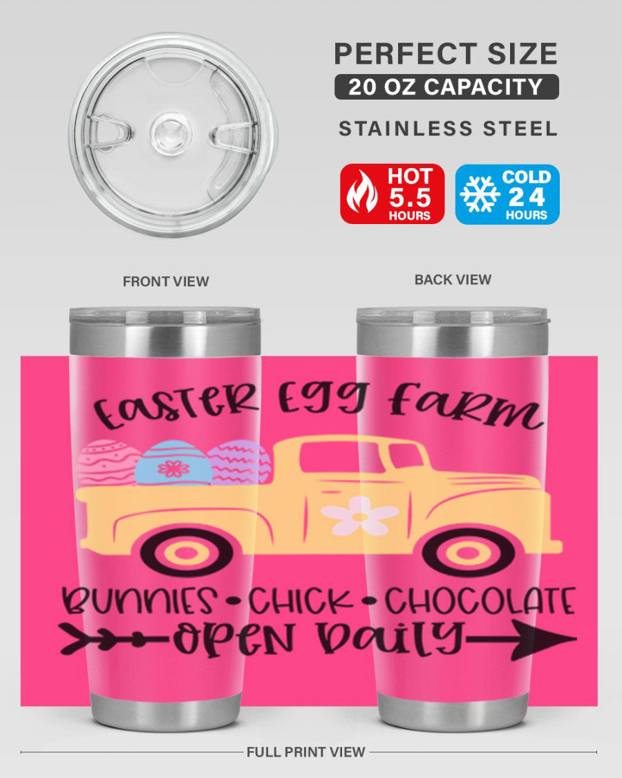 Easter Egg Farm 20oz Tumbler made of stainless steel with a vibrant design, featuring a drink-thru lid and double wall vacuum insulation.