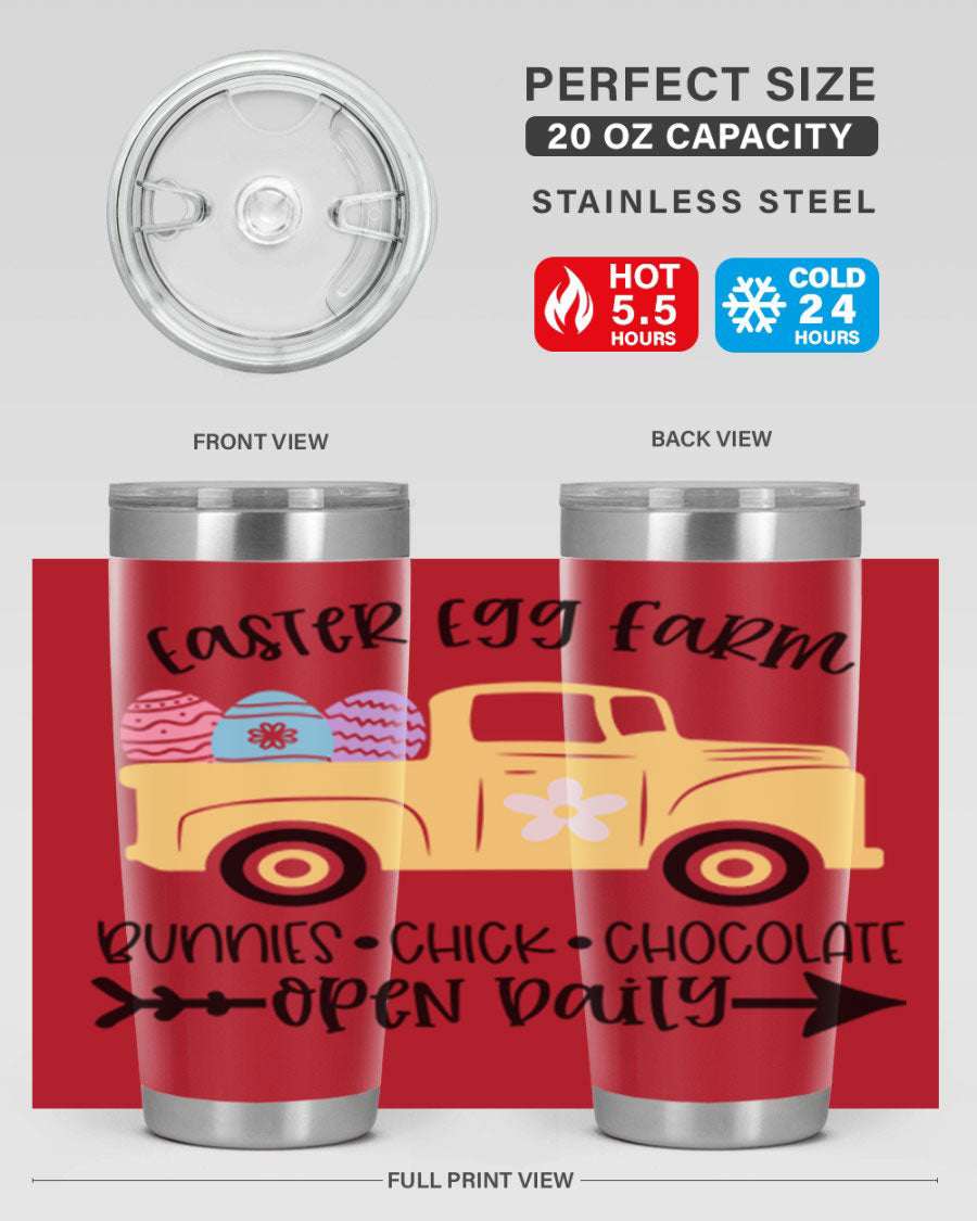 Easter Egg Farm 20oz Tumbler made of stainless steel with a vibrant design, featuring a drink-thru lid and double wall vacuum insulation.