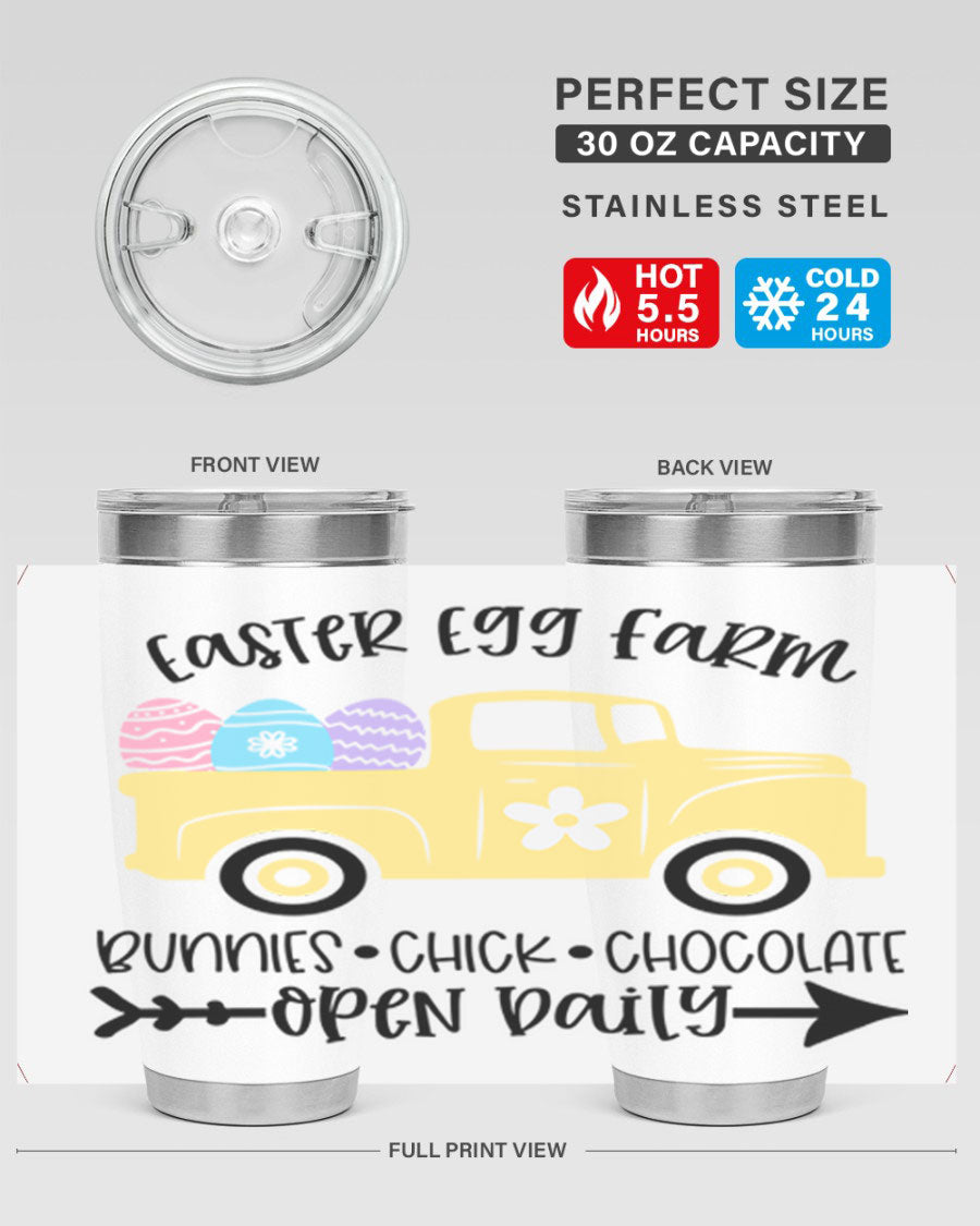 Easter Egg Farm 20oz Tumbler made of stainless steel with a vibrant design, featuring a drink-thru lid and double wall vacuum insulation.