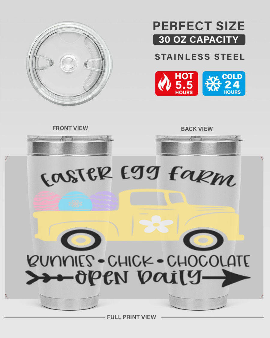 Easter Egg Farm 20oz Tumbler made of stainless steel with a vibrant design, featuring a drink-thru lid and double wall vacuum insulation.