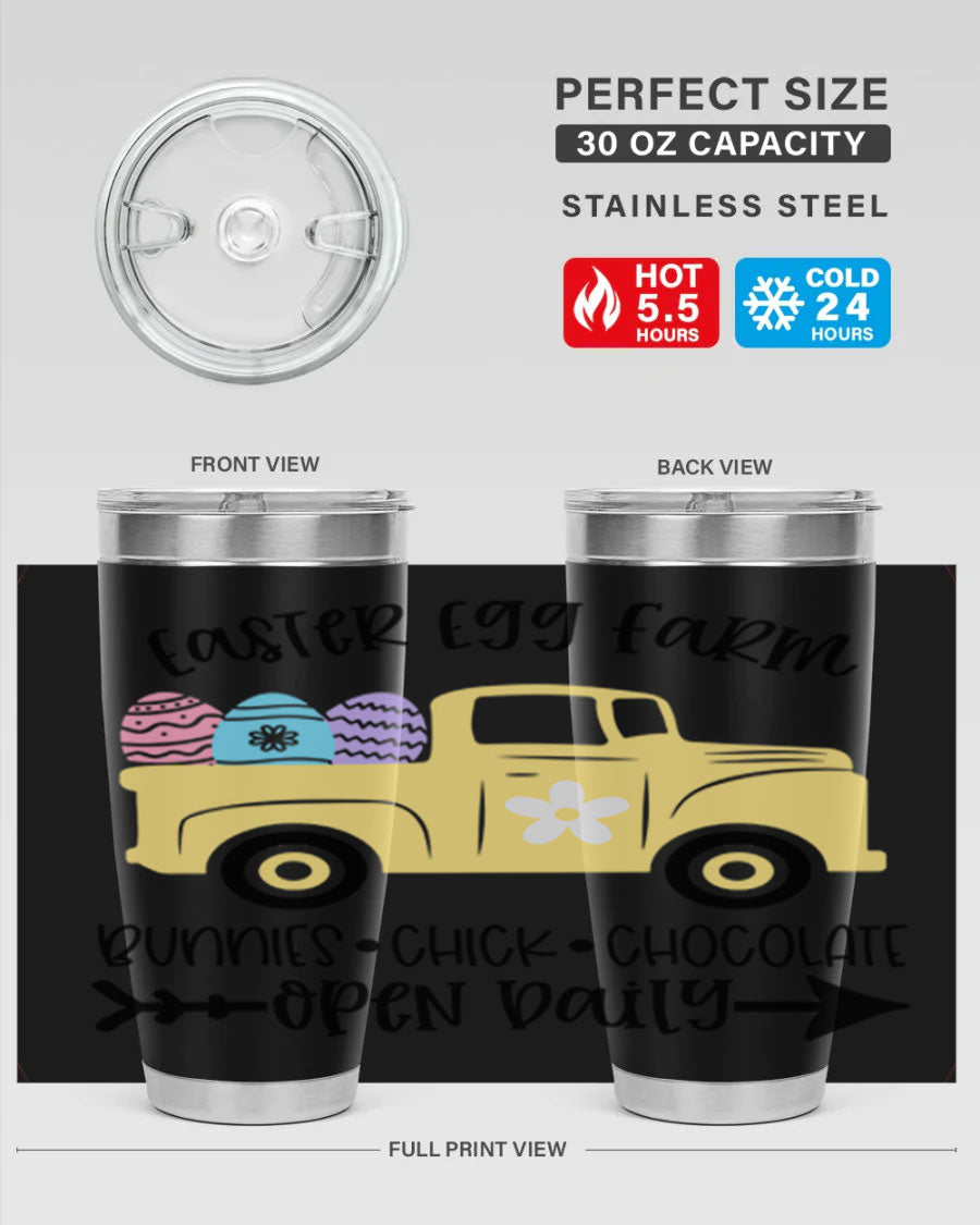 Easter Egg Farm 20oz Tumbler made of stainless steel with a vibrant design, featuring a drink-thru lid and double wall vacuum insulation.