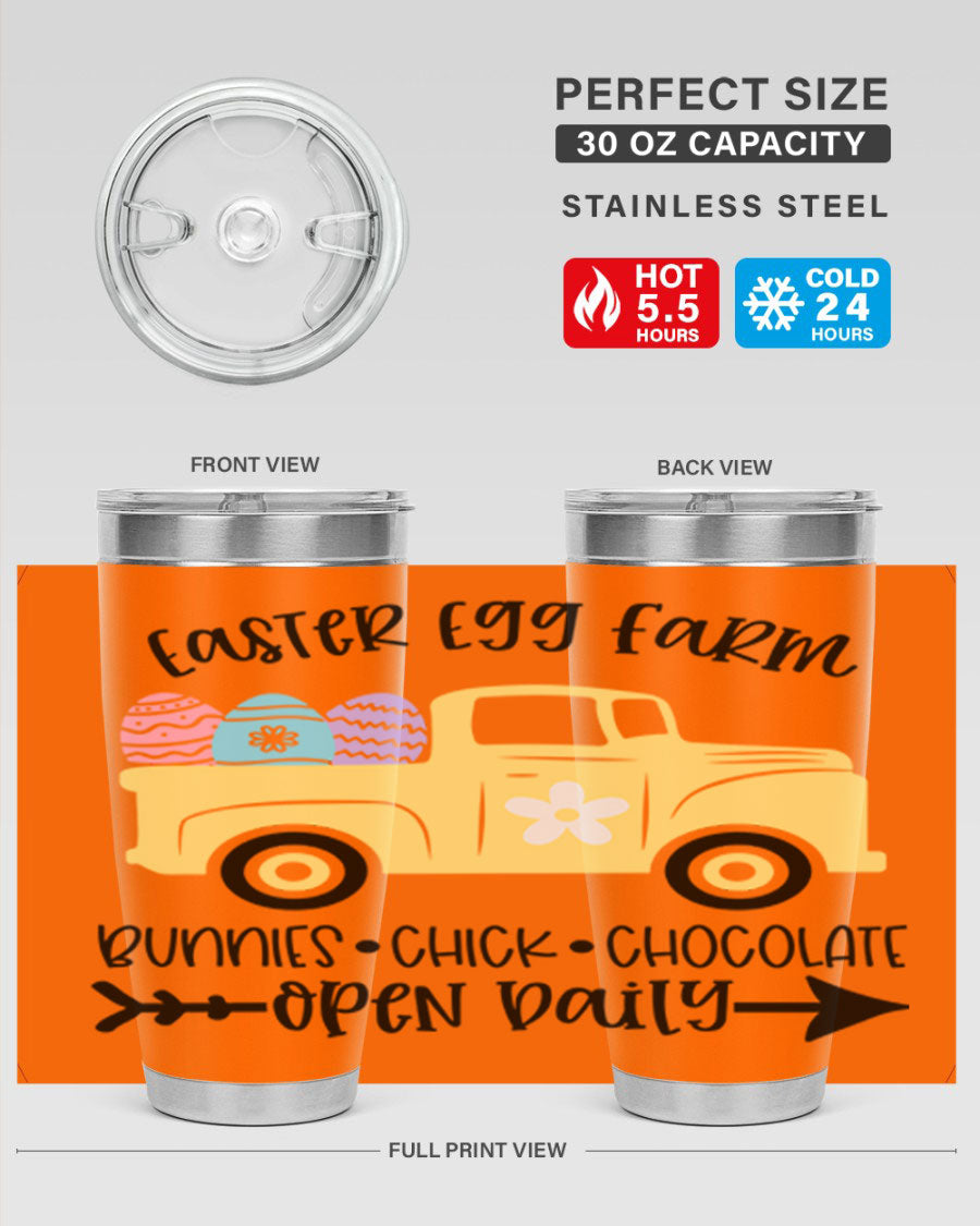 Easter Egg Farm 20oz Tumbler made of stainless steel with a vibrant design, featuring a drink-thru lid and double wall vacuum insulation.