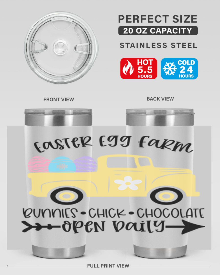 Easter Egg Farm 20oz Tumbler made of stainless steel with a vibrant design, featuring a drink-thru lid and double wall vacuum insulation.