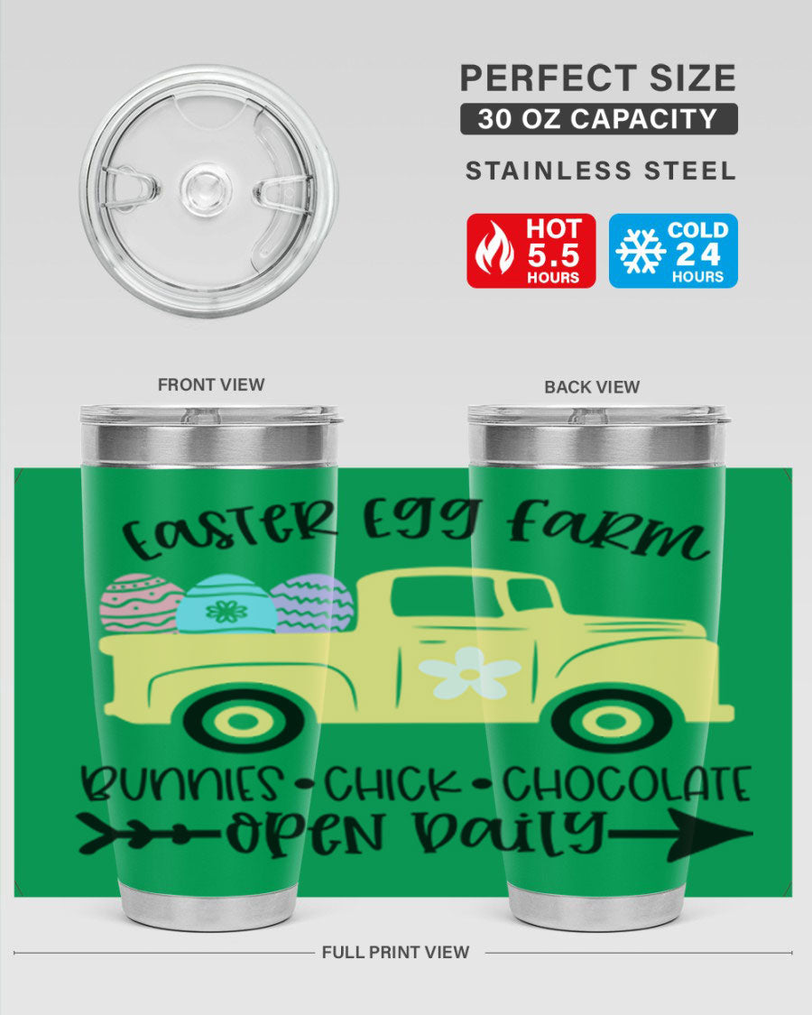 Easter Egg Farm 20oz Tumbler made of stainless steel with a vibrant design, featuring a drink-thru lid and double wall vacuum insulation.