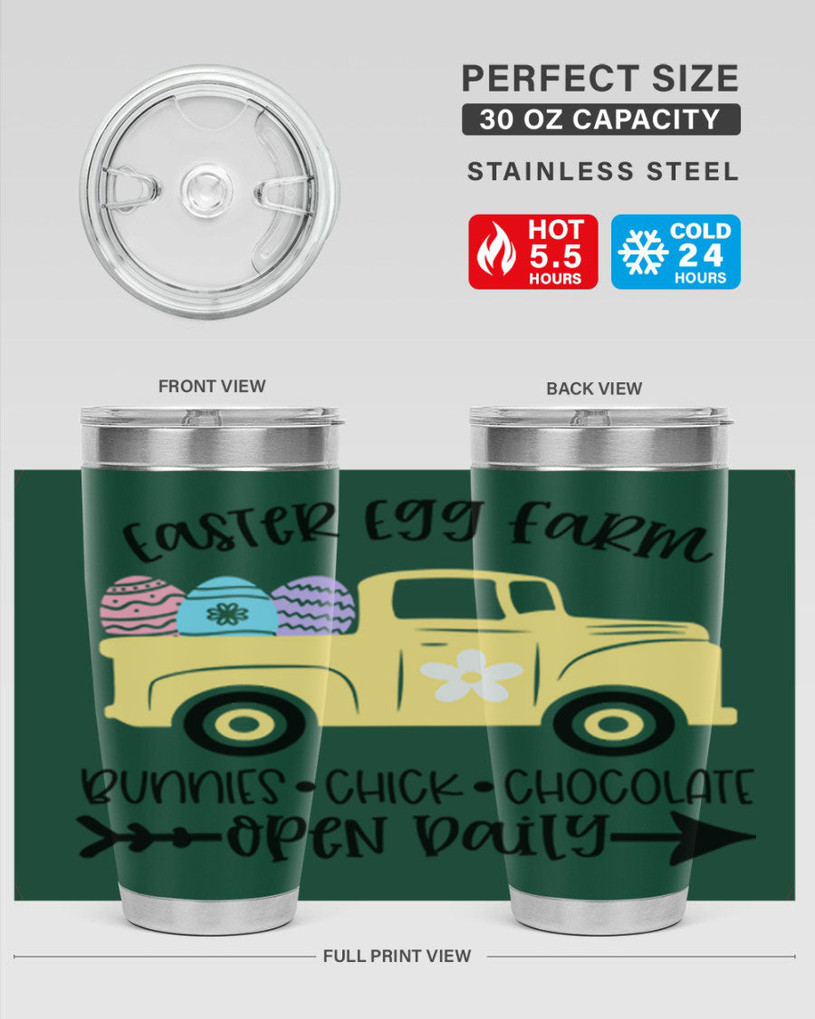 Easter Egg Farm 20oz Tumbler made of stainless steel with a vibrant design, featuring a drink-thru lid and double wall vacuum insulation.