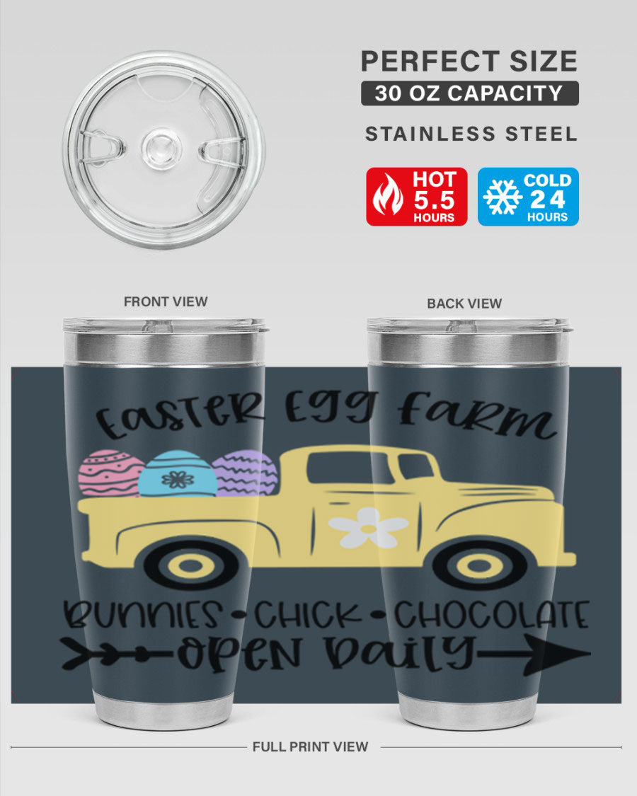 Easter Egg Farm 20oz Tumbler made of stainless steel with a vibrant design, featuring a drink-thru lid and double wall vacuum insulation.