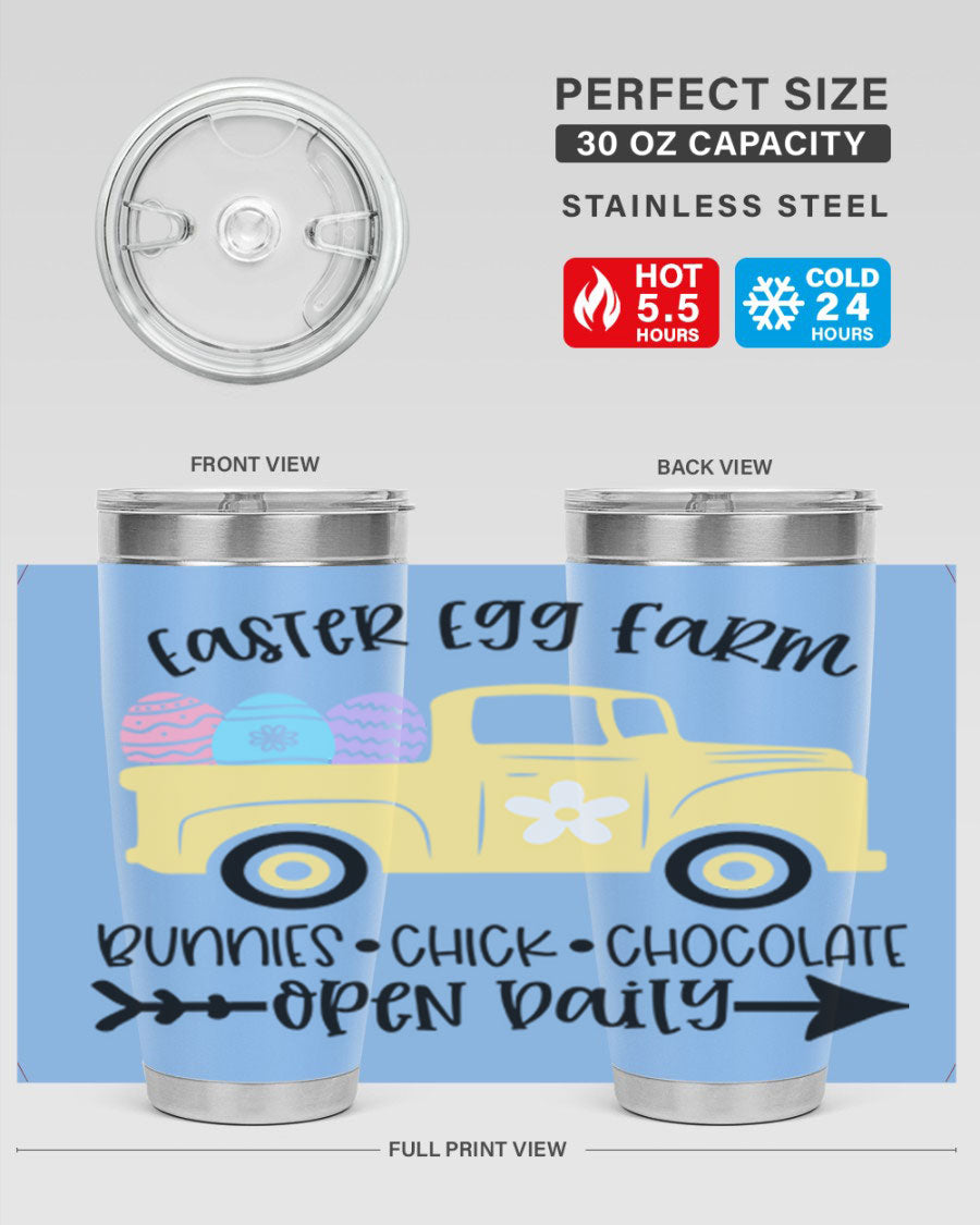 Easter Egg Farm 20oz Tumbler made of stainless steel with a vibrant design, featuring a drink-thru lid and double wall vacuum insulation.