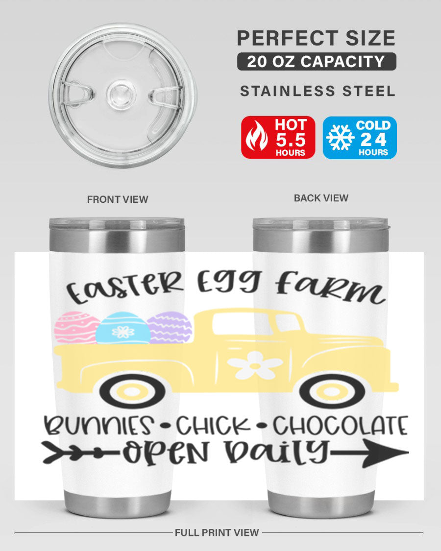 Easter Egg Farm 20oz Tumbler made of stainless steel with a vibrant design, featuring a drink-thru lid and double wall vacuum insulation.