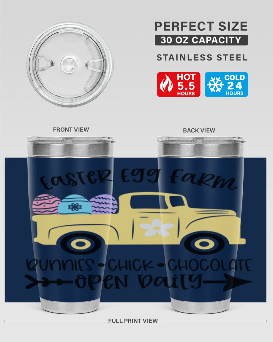 Easter Egg Farm 20oz Tumbler made of stainless steel with a vibrant design, featuring a drink-thru lid and double wall vacuum insulation.