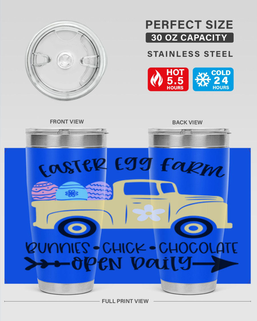 Easter Egg Farm 20oz Tumbler made of stainless steel with a vibrant design, featuring a drink-thru lid and double wall vacuum insulation.
