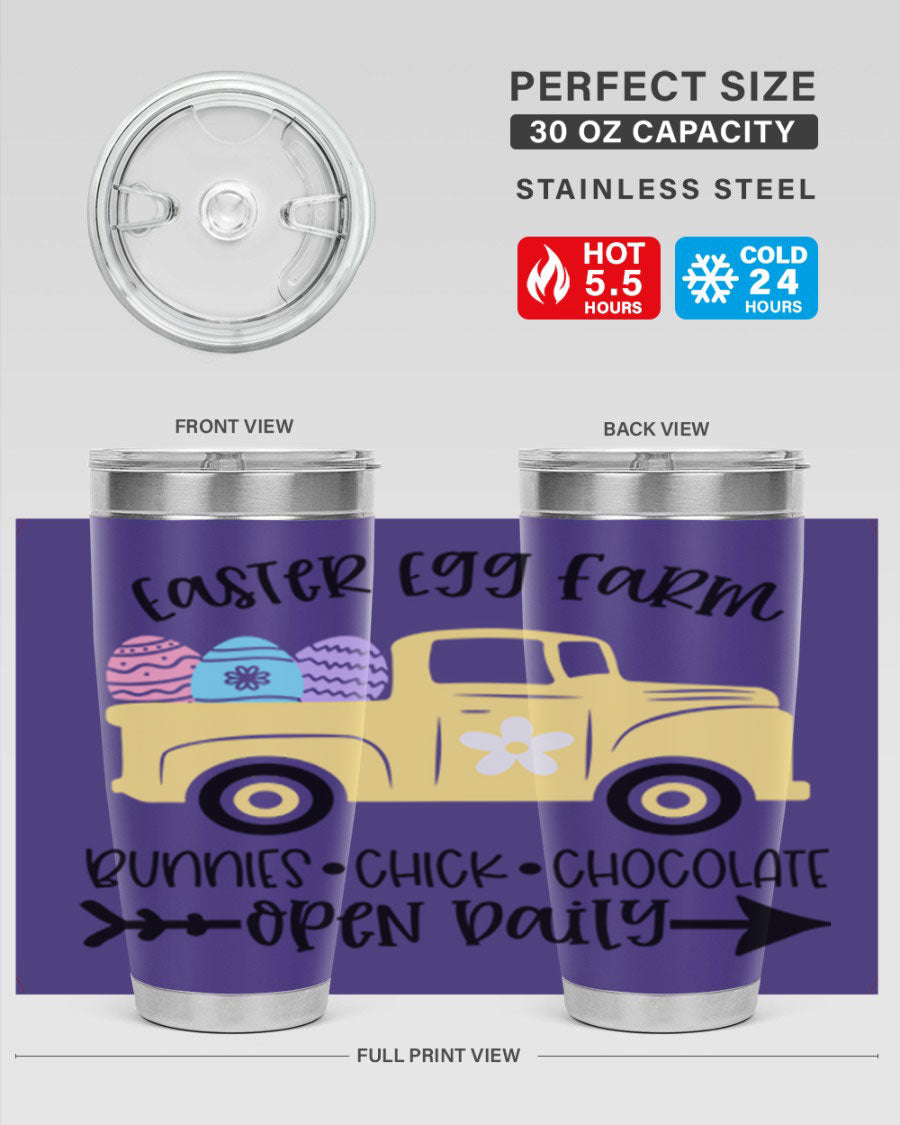 Easter Egg Farm 20oz Tumbler made of stainless steel with a vibrant design, featuring a drink-thru lid and double wall vacuum insulation.
