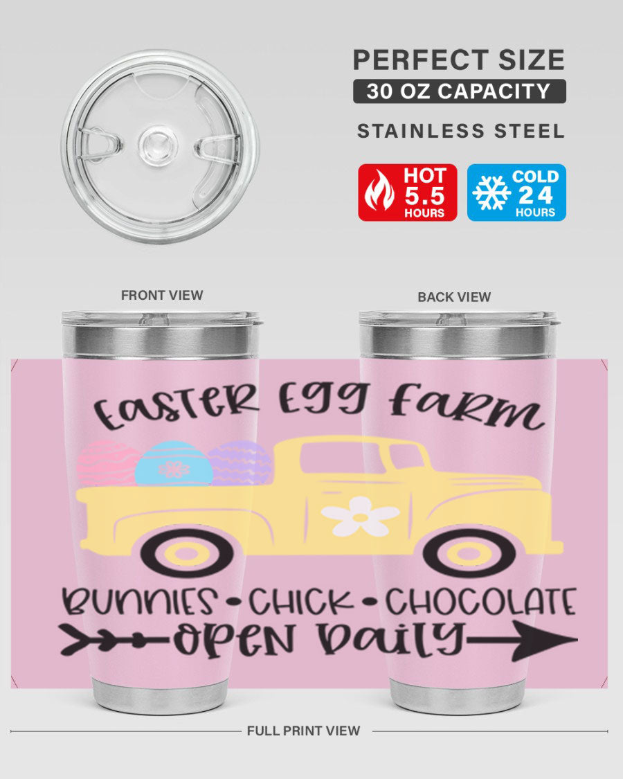 Easter Egg Farm 20oz Tumbler made of stainless steel with a vibrant design, featuring a drink-thru lid and double wall vacuum insulation.