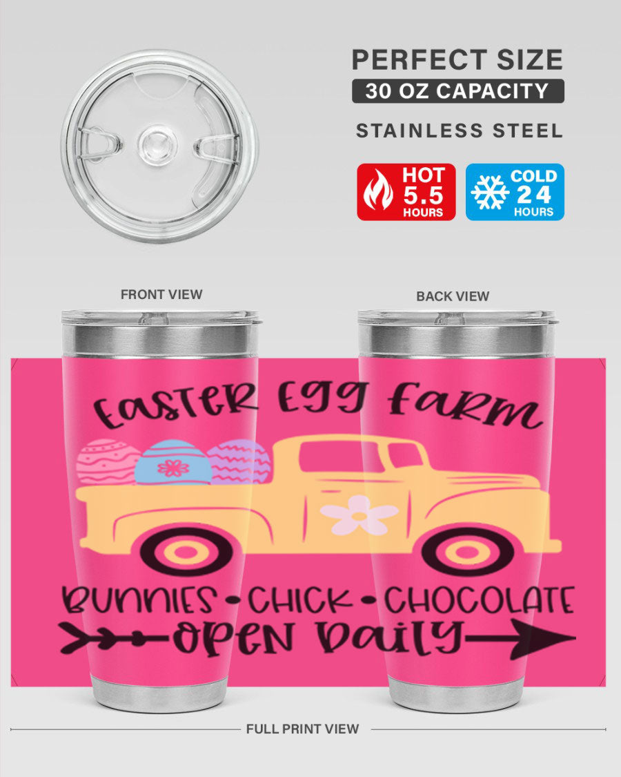 Easter Egg Farm 20oz Tumbler made of stainless steel with a vibrant design, featuring a drink-thru lid and double wall vacuum insulation.