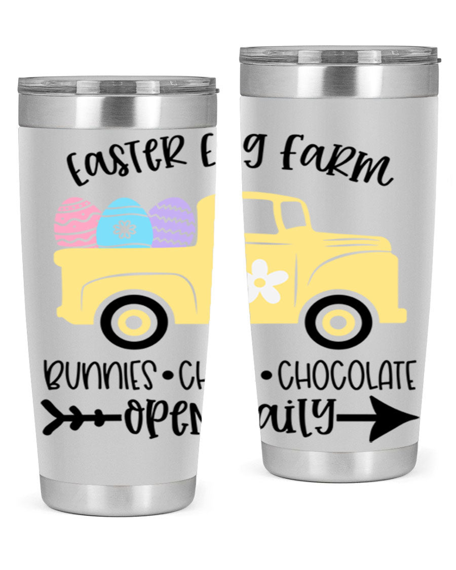 Easter Egg Farm 20oz Tumbler made of stainless steel with a vibrant design, featuring a drink-thru lid and double wall vacuum insulation.