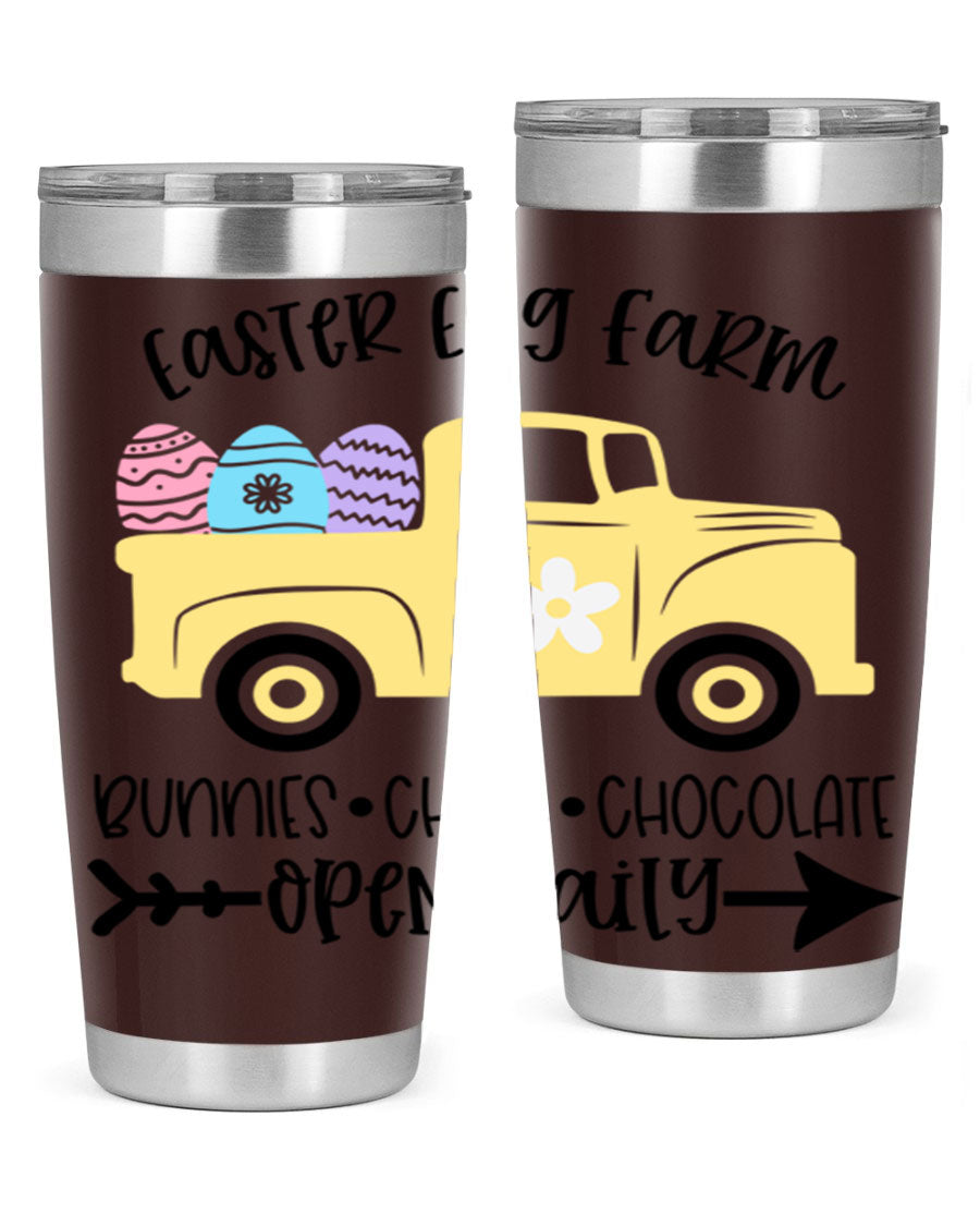 Easter Egg Farm 20oz Tumbler made of stainless steel with a vibrant design, featuring a drink-thru lid and double wall vacuum insulation.