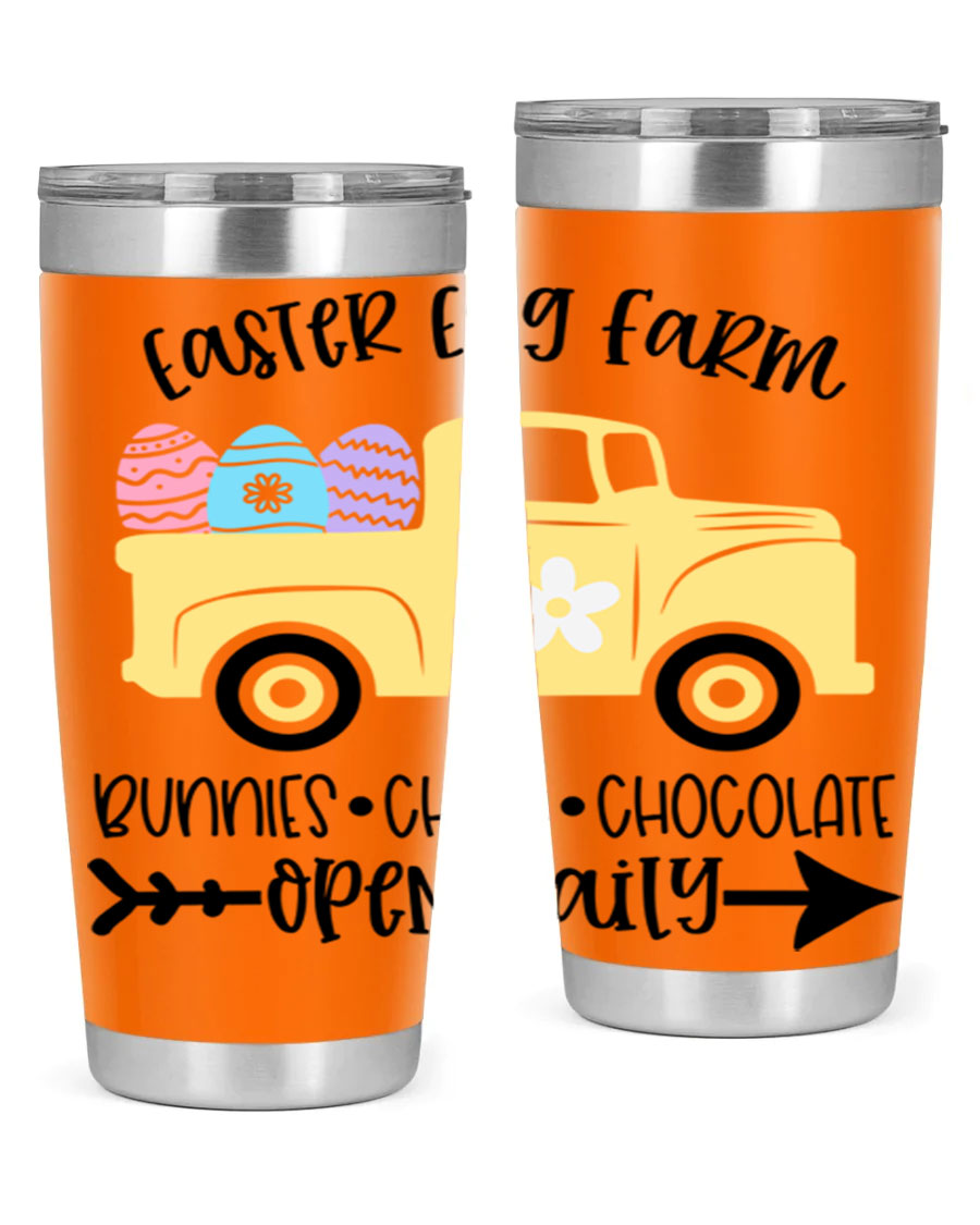 Easter Egg Farm 20oz Tumbler made of stainless steel with a vibrant design, featuring a drink-thru lid and double wall vacuum insulation.