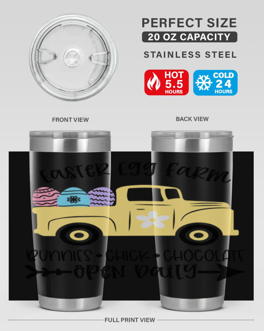 Easter Egg Farm 20oz Tumbler made of stainless steel with a vibrant design, featuring a drink-thru lid and double wall vacuum insulation.