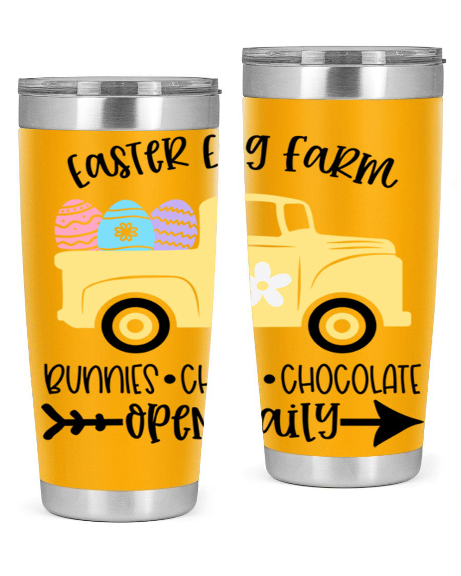 Easter Egg Farm 20oz Tumbler made of stainless steel with a vibrant design, featuring a drink-thru lid and double wall vacuum insulation.